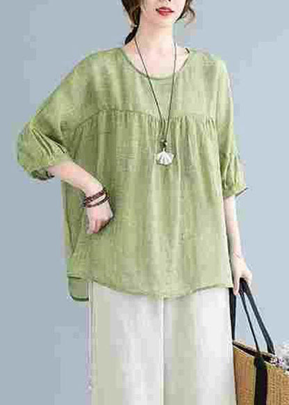 Green O-neck Patchwork Wrinkled Top Half Sleeve
