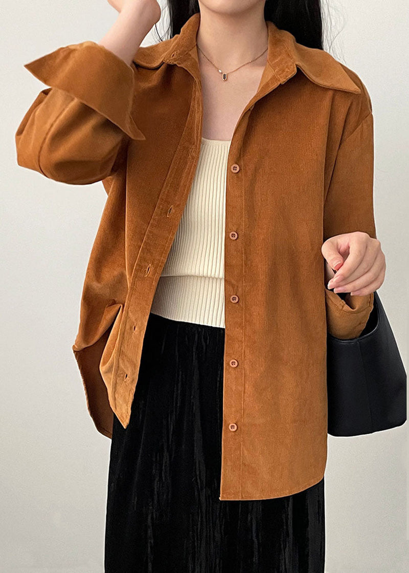 Orange Peter Pan Collar Thick Corduroy Shirts Spring