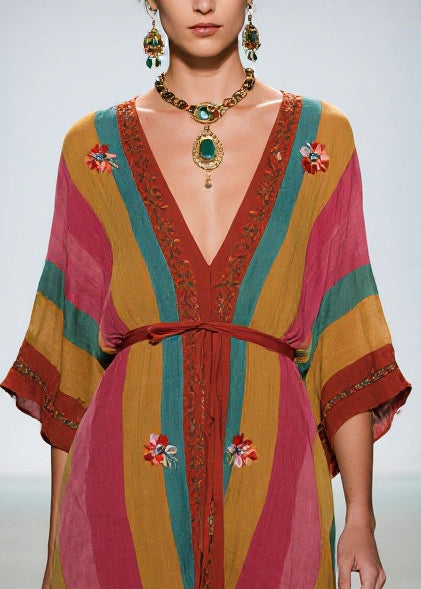 Colorblock Tie Waist Cotton Maxi Dress Summer