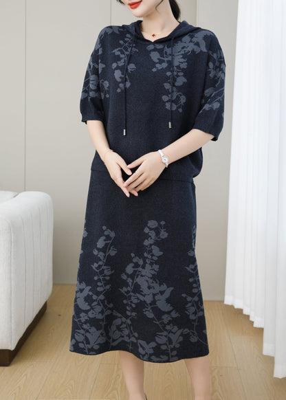 Navy Hooded Jacquard Patchwork Knit Two Piece Set Fall