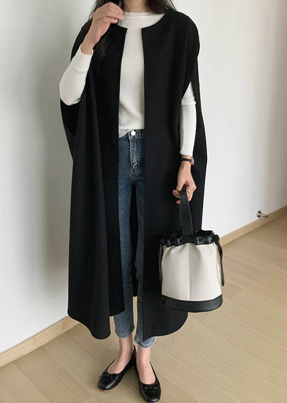 Black Oversized Pockets Woolen Coats Sleeveless