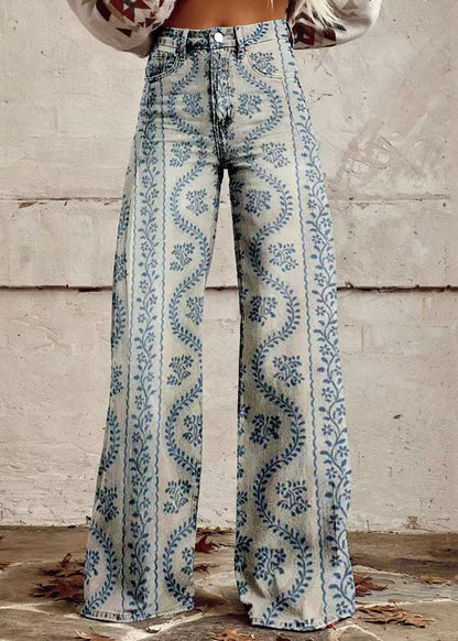 Blue Print Pockets Denim Wide Leg Pants Spring