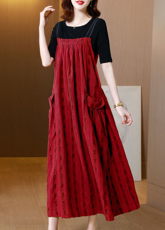 Red Striped Exra Large Hem Linen Strap Dress Two Pieces Set Summer