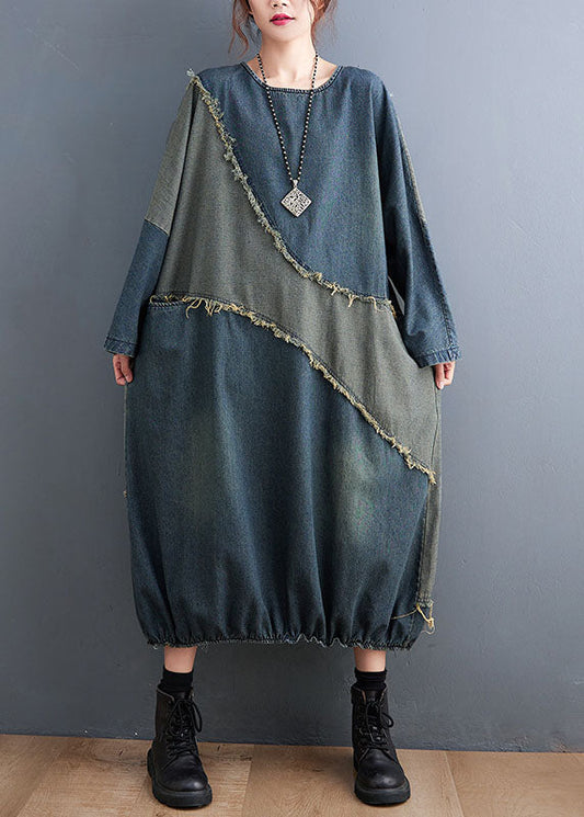 O-neck Drawstring Patchwork Denim Maxi Dresses Fall