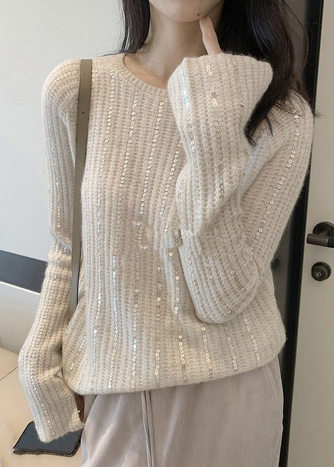 Light Brown O Neck Sequins Knit Sweaters Long Sleeve