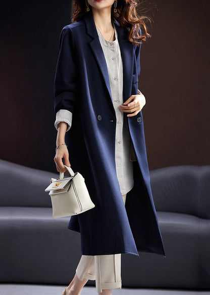 Blue Notched Button Pockets Long Coats Fall