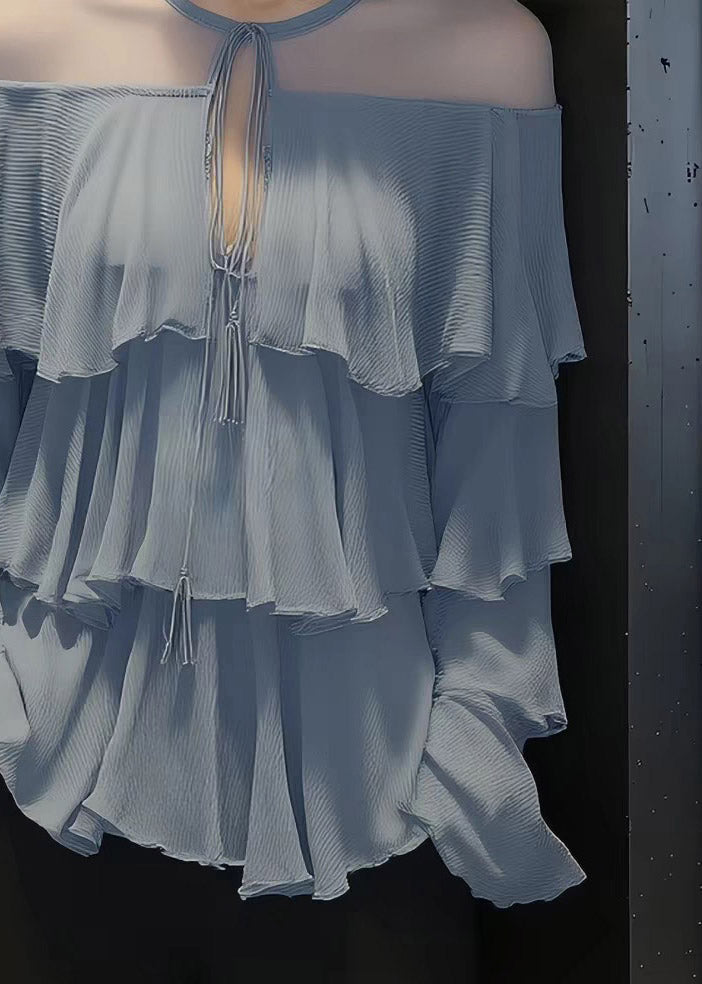 Blue O-nec Ruffled Tulle Patchwork Chiffon Shirt Spring