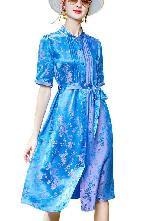 Blue Stand Collar Jacquard Tie Waist Silk Shirt Dress Short Sleeve