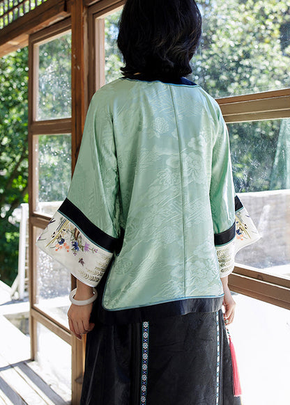 Green O-neck Embroideried Patchwork Jacquard Silk Top Long Sleeve