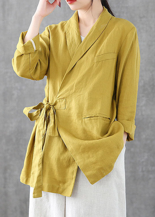 Yellow Linen Coats Notched Collar Tie Waist Long Sleeve