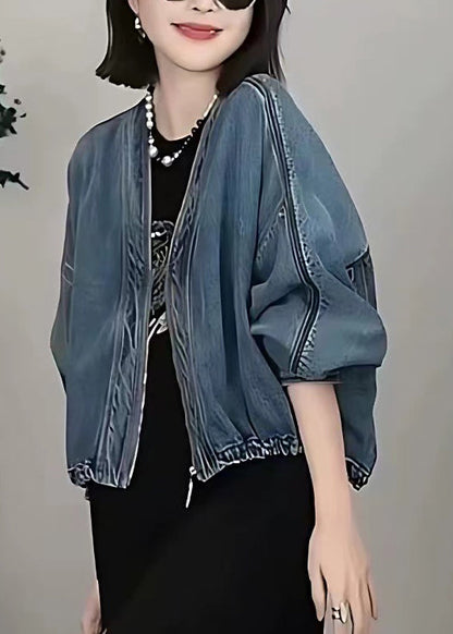 Style Blue Oversized Denim Cardigan Batwing Sleeve Fall