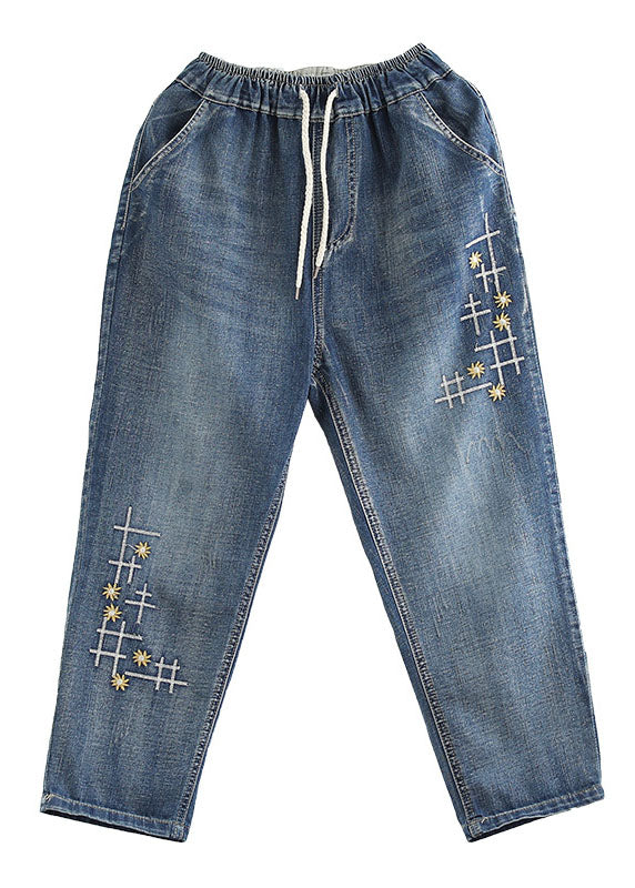 Denim Blue Elastic Waist Embroideried Cotton Crop Pants Spring