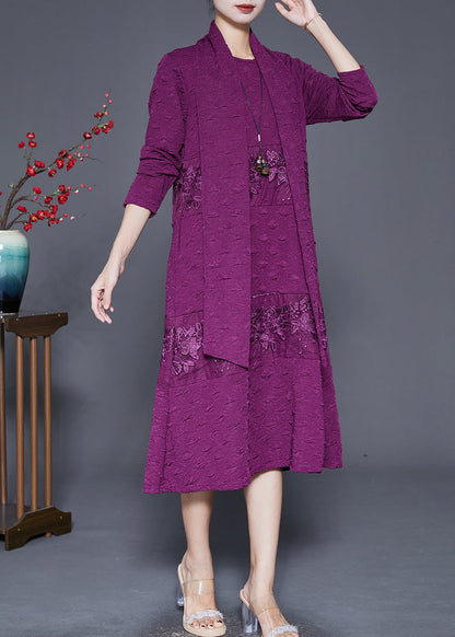Purple Embroideried Patchwork Scarf Long Dress Fall