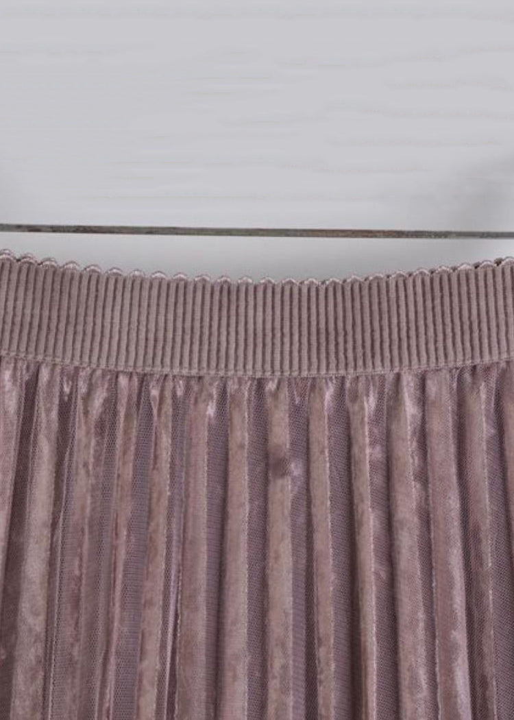 Apricot Lace Tulle Patchwork Velour Pleated Skirt Spring