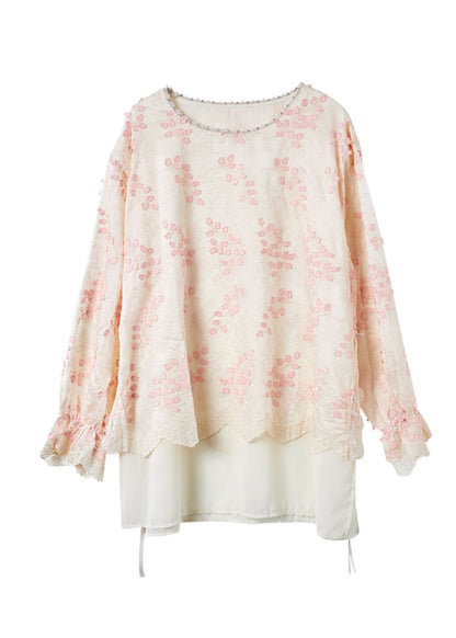 Fitted Pink O Neck Embroidered Patchwork Chiffon Tops Spring