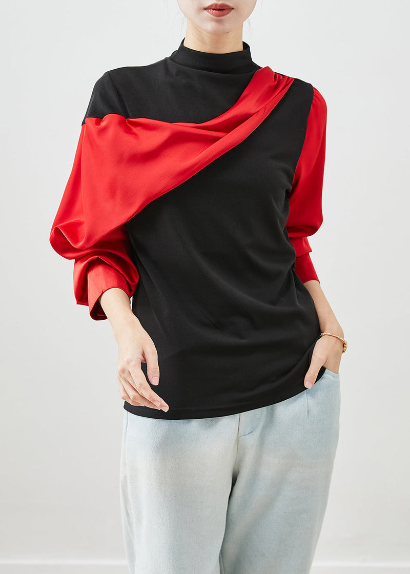 Diy Red Asymmetrical Patchwork Cotton Shirt Tops Batwing Sleeve