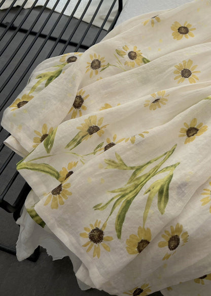Beige Print Pockets Elastic Waist Cotton Skirt Summer