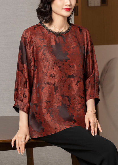 Brick Red O-neck Lace Patchwork Draping Silk Shirt Top Bracelet Sleeve
