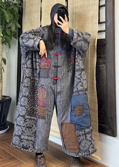 Blue Oriental Button Patchwork Fine Cotton Filled Jumpsuits Winter