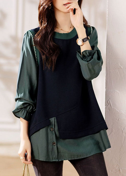 Green Ruffled Knit Patchwork False Two Pieces Top Fall