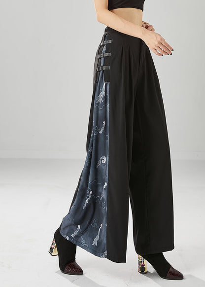 Black High Waist Patchwork Spandex Wide Leg Pants Fall