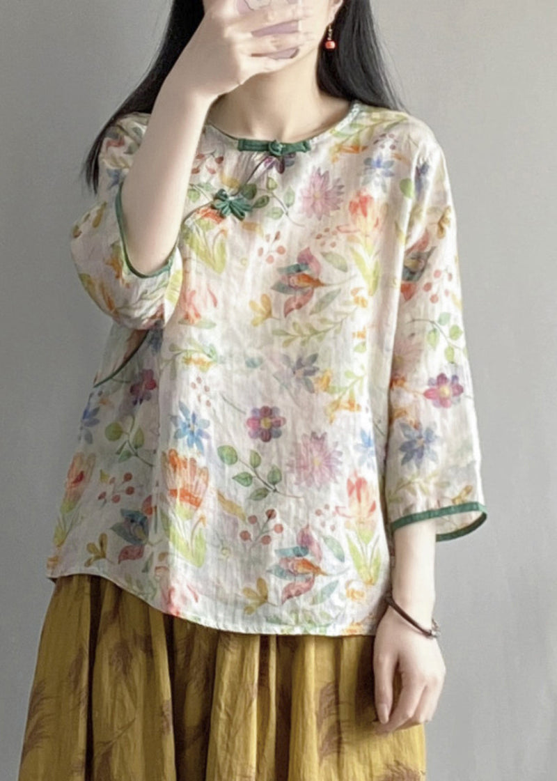Pink Print Linen Oriental Blouses Bracelet Sleeve