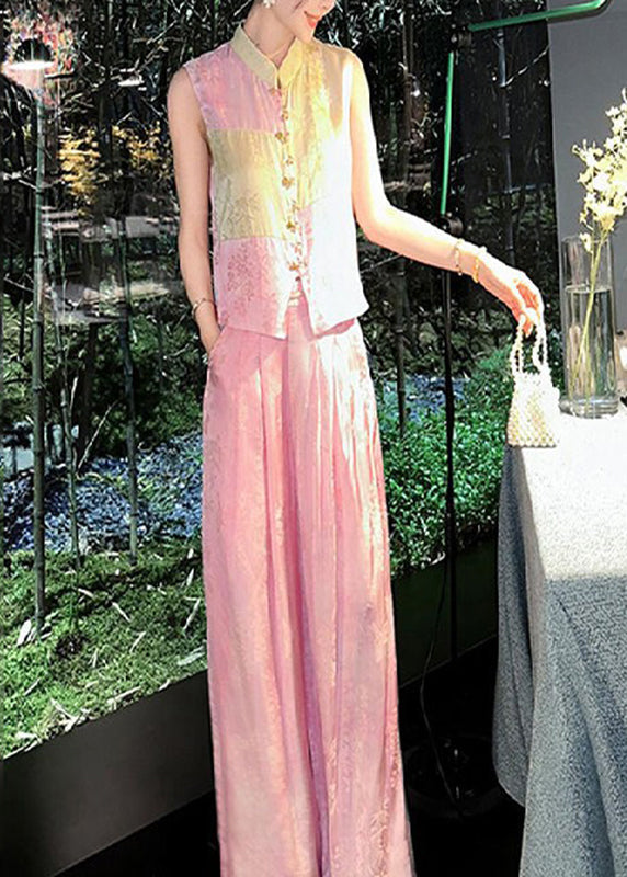 Jacquard Pink Stand Collar Patchwork Silk Cotton Shirts and Wide Leg Pants Two Piece Set Sleeveless