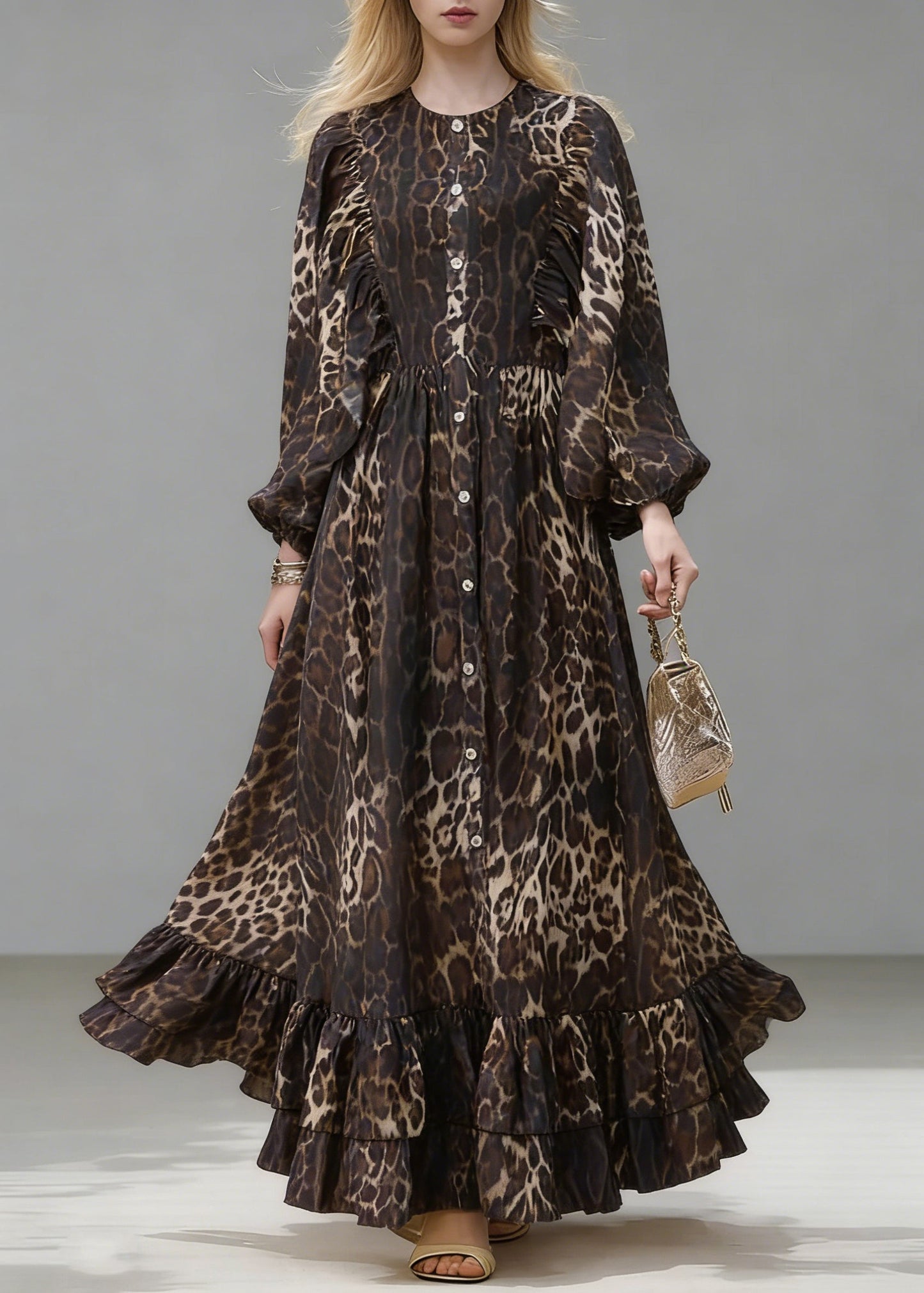 Stylish Brown Oversized Leopard Print Long Dress Lantern Sleeve
