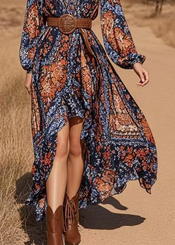 Blue V Neck Asymmetrical Design Chiffon Long Dresses Lantern Sleeve