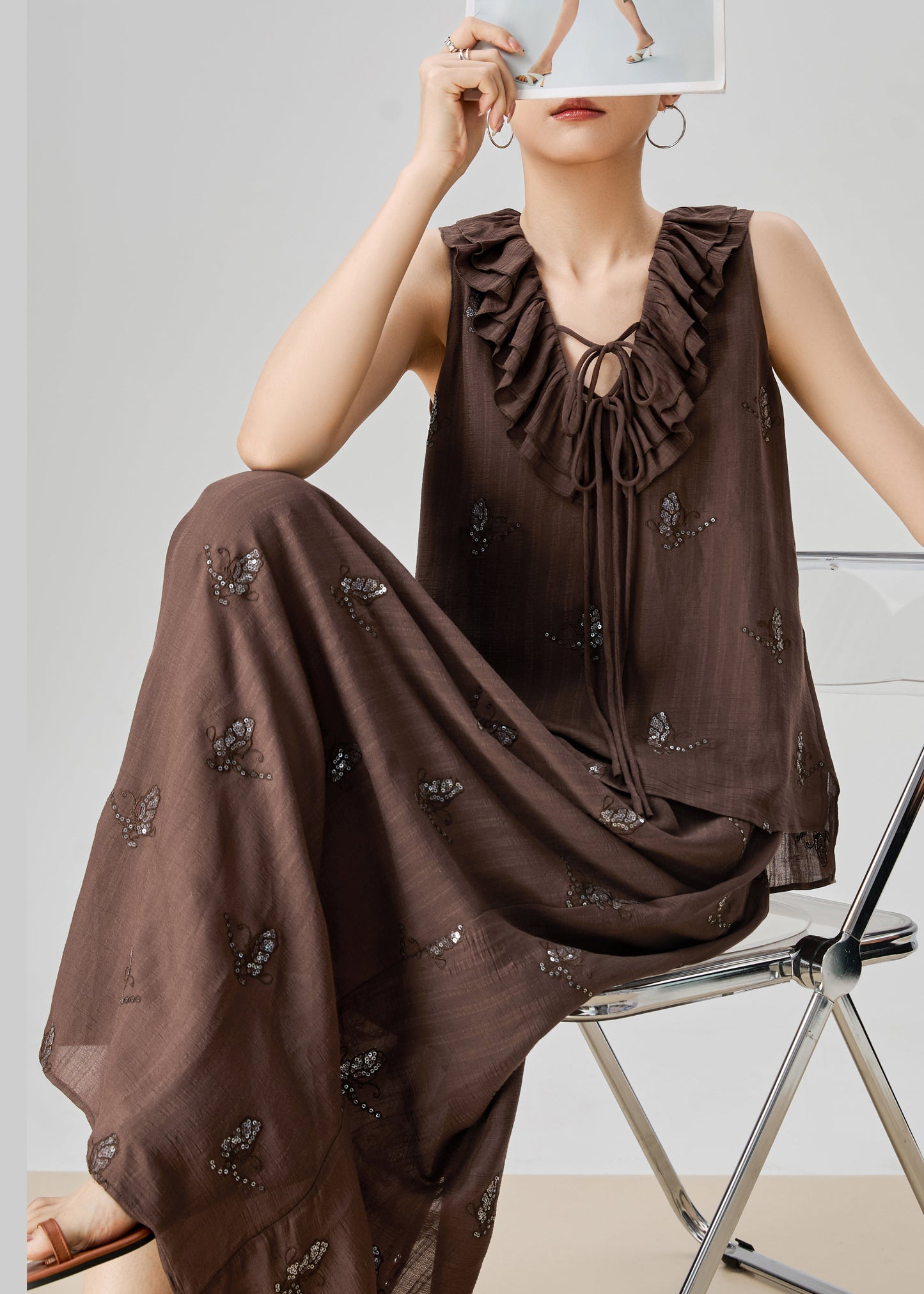 Fine Coffee Ruffled Print Lace Up Cotton Two Piece Set Sleeveless