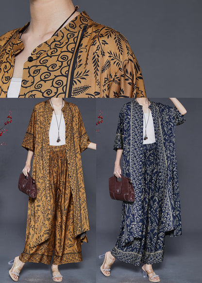 Brown Oversized Print Silk Two Pieces Set Summer