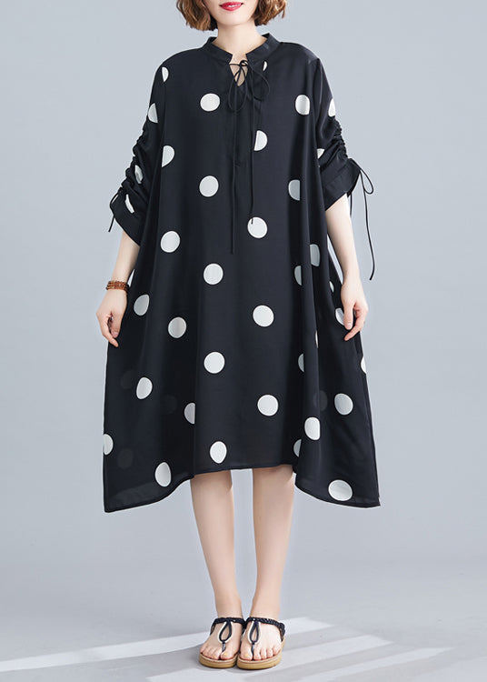 Black Dot Lace Up Patchwork Chiffon Dresses Fall