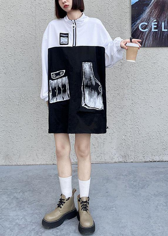 Pockets Print Patchwork Zippered Fall Sweatshirts Top