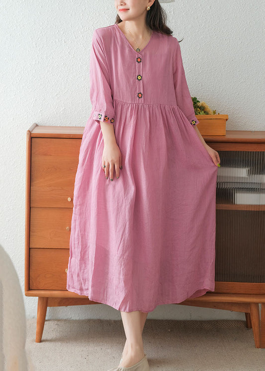 Rose Linen Long Dress and Spaghetti Strap Dress Two Pieces Set Embroideried Short Sleeve