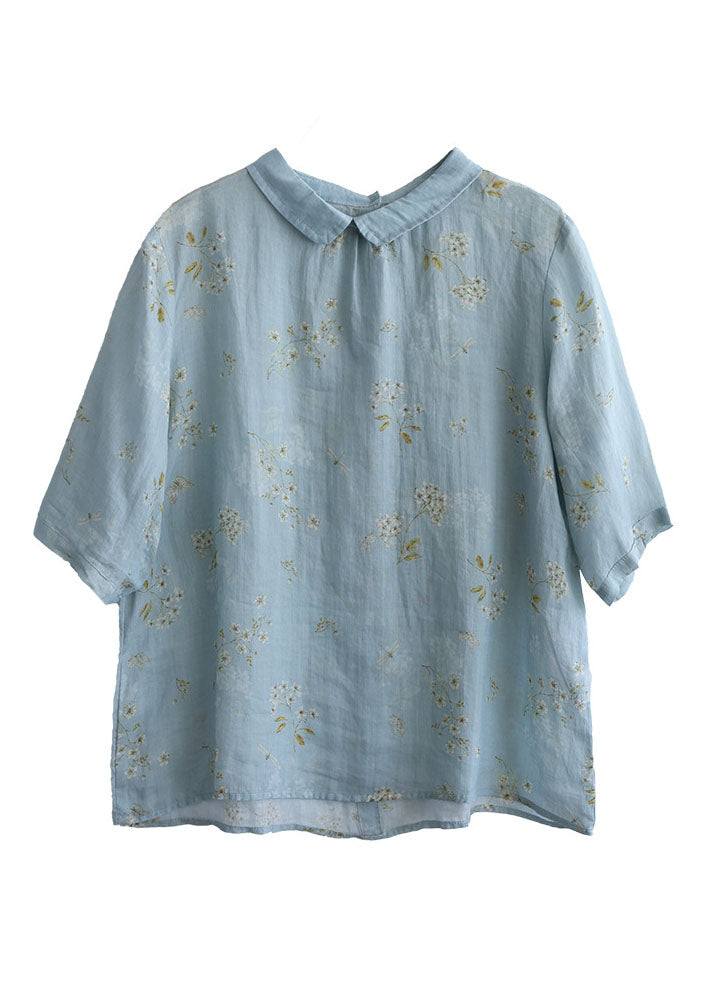Light Blue Peter Pan Collar Print Linen Shirt Tops Half Sleeve