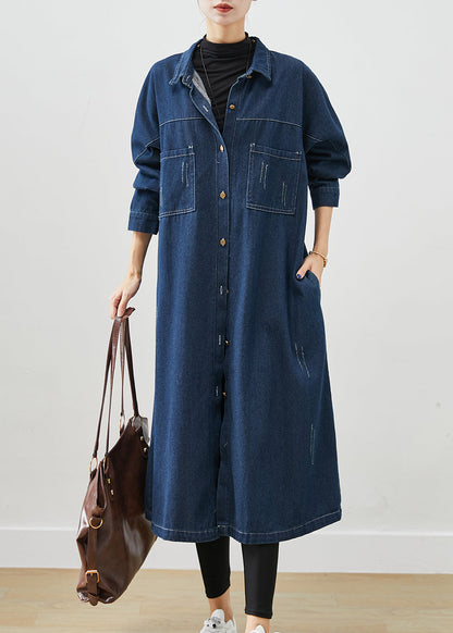 Navy Denim Trench Coats Oversized Pockets Spring