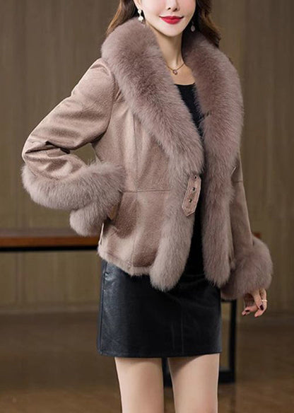 Unique Khaki Fox Collar Silm Fit Fuzzy Rabbit Leather and Fur Coats Winter