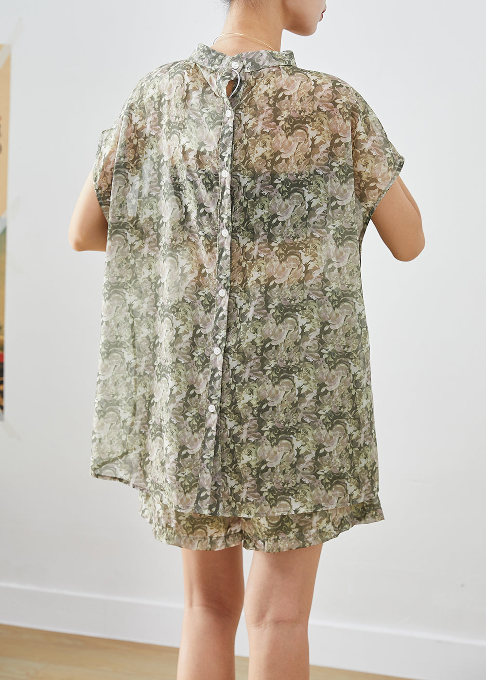 Natural Green Print Oversized Cotton Two Piece Set Clothing Summer