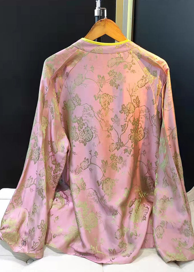 Oriental Pink Stand Collar Button Asymmetrical Print Silk Tops Spring