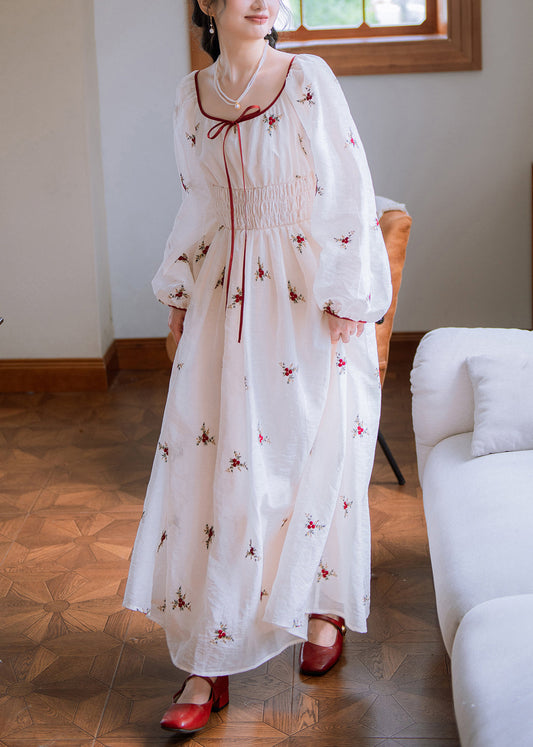 White Embroidered Elastic Waist Cotton Long Dresses Fall