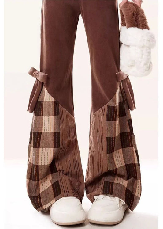 Modern Brown Patchwork Bow Cotton Flared Trousers Fall