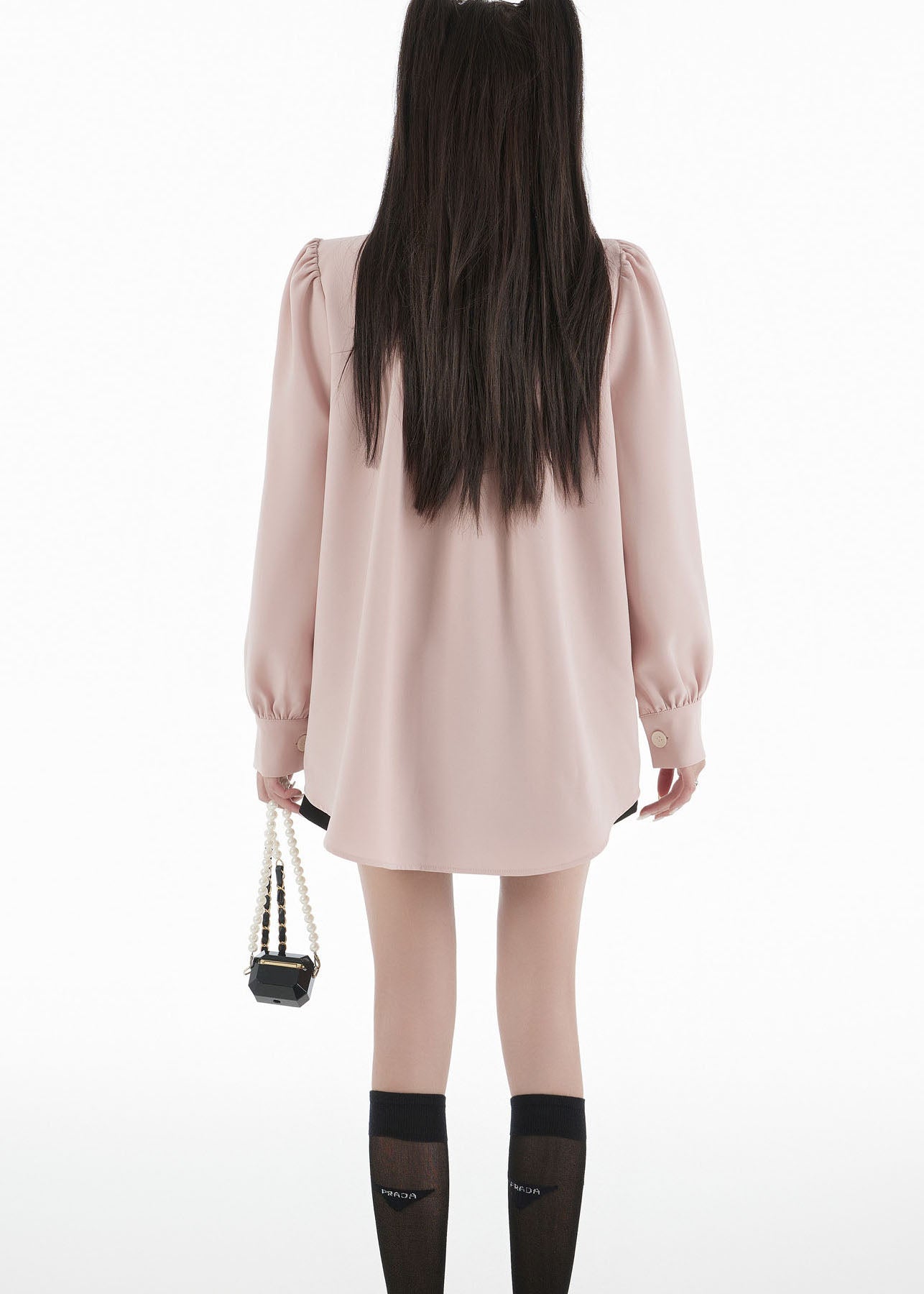 Pink Ruffled Patchwork Wrinkled Chiffon Top Puff Sleeve
