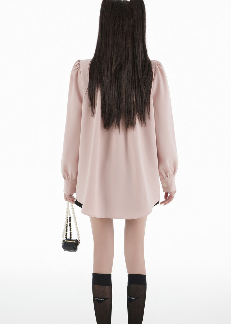 Pink Ruffled Patchwork Wrinkled Chiffon Top Puff Sleeve