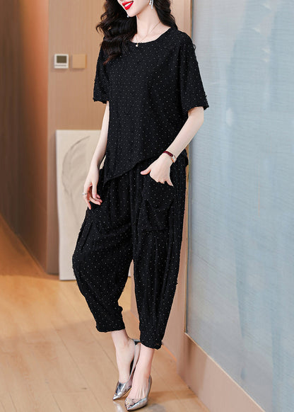 Loose Grey O Neck Zircon Pockets Cotton Two Pieces Set Summer