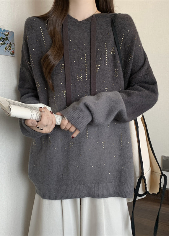 Grey Hooded Tie Dye Knit Pullover Sweatshirt Fall