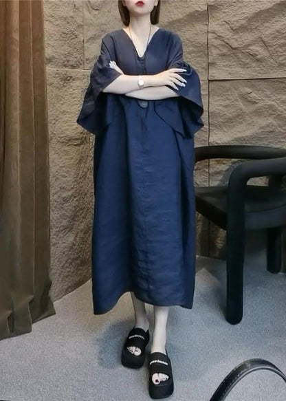 Navy V Neck Linen Long Dress Flare Sleeve