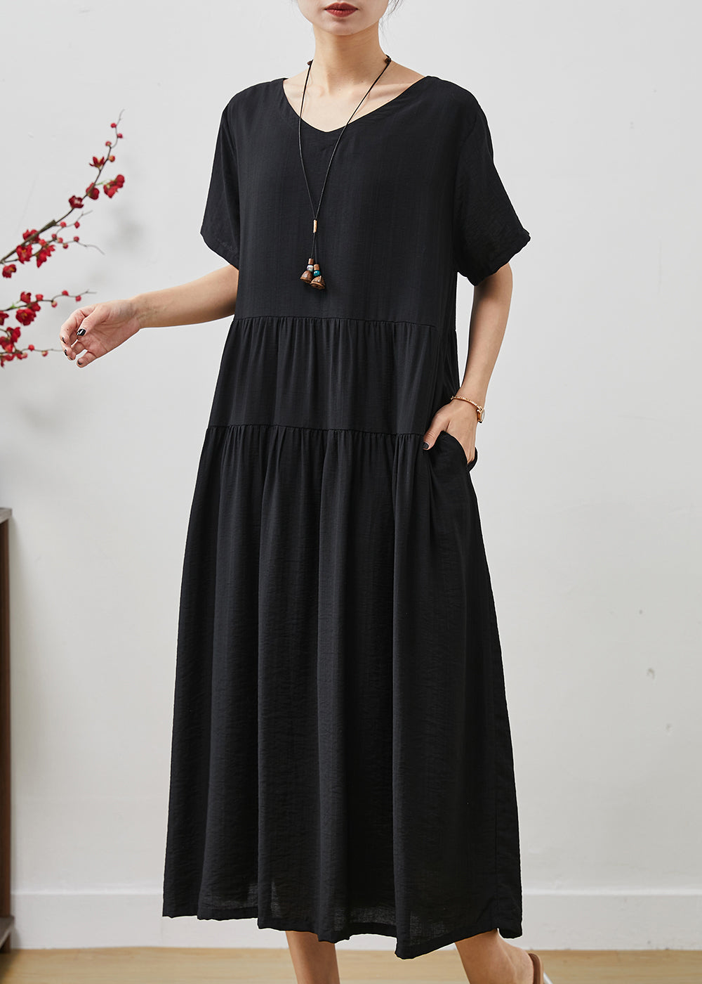 Black Oversized Patchwork Cotton Holiday Dress Summer