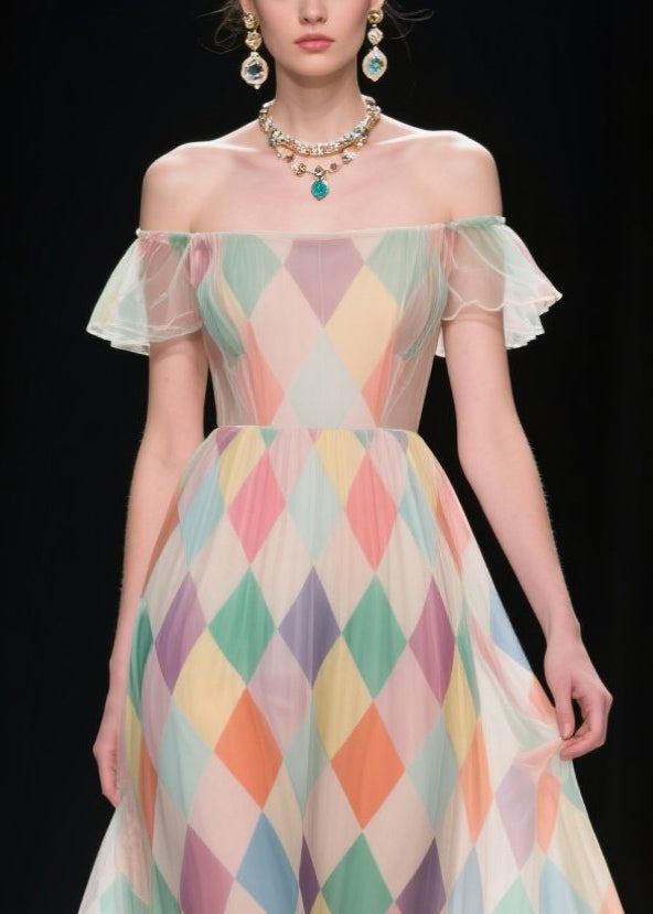 Multicolour Plaid Patchwork Lace Chiffon Strapless Dress Summer