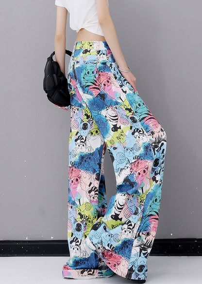 Pockets Cartoon Print Denim Wide Leg Pants Fall