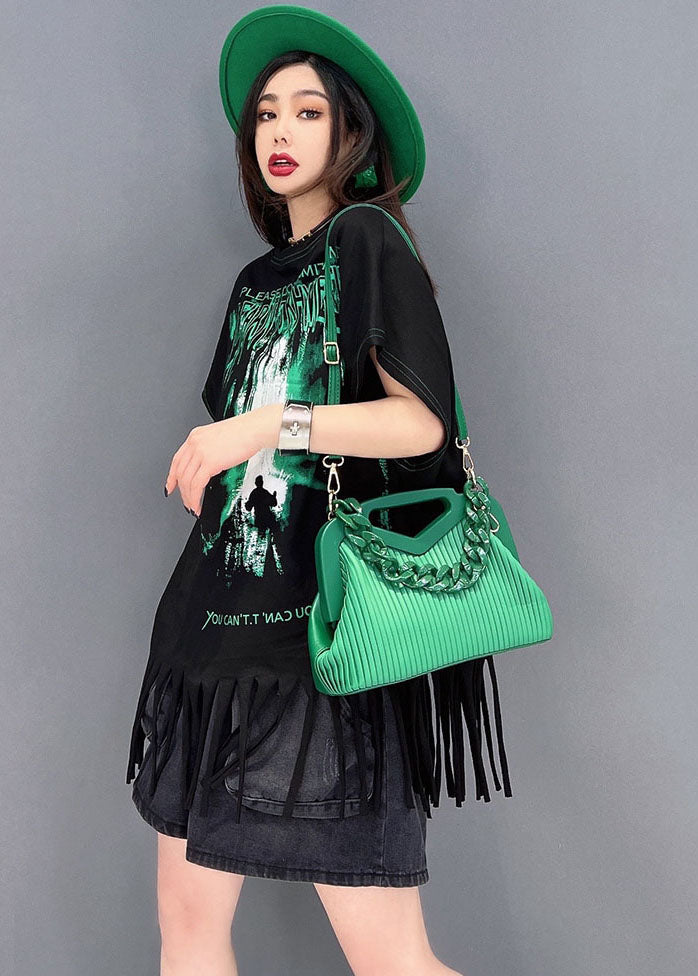 French Black O-neck Tassel Print Cotton Tank Tops Short Sleeve